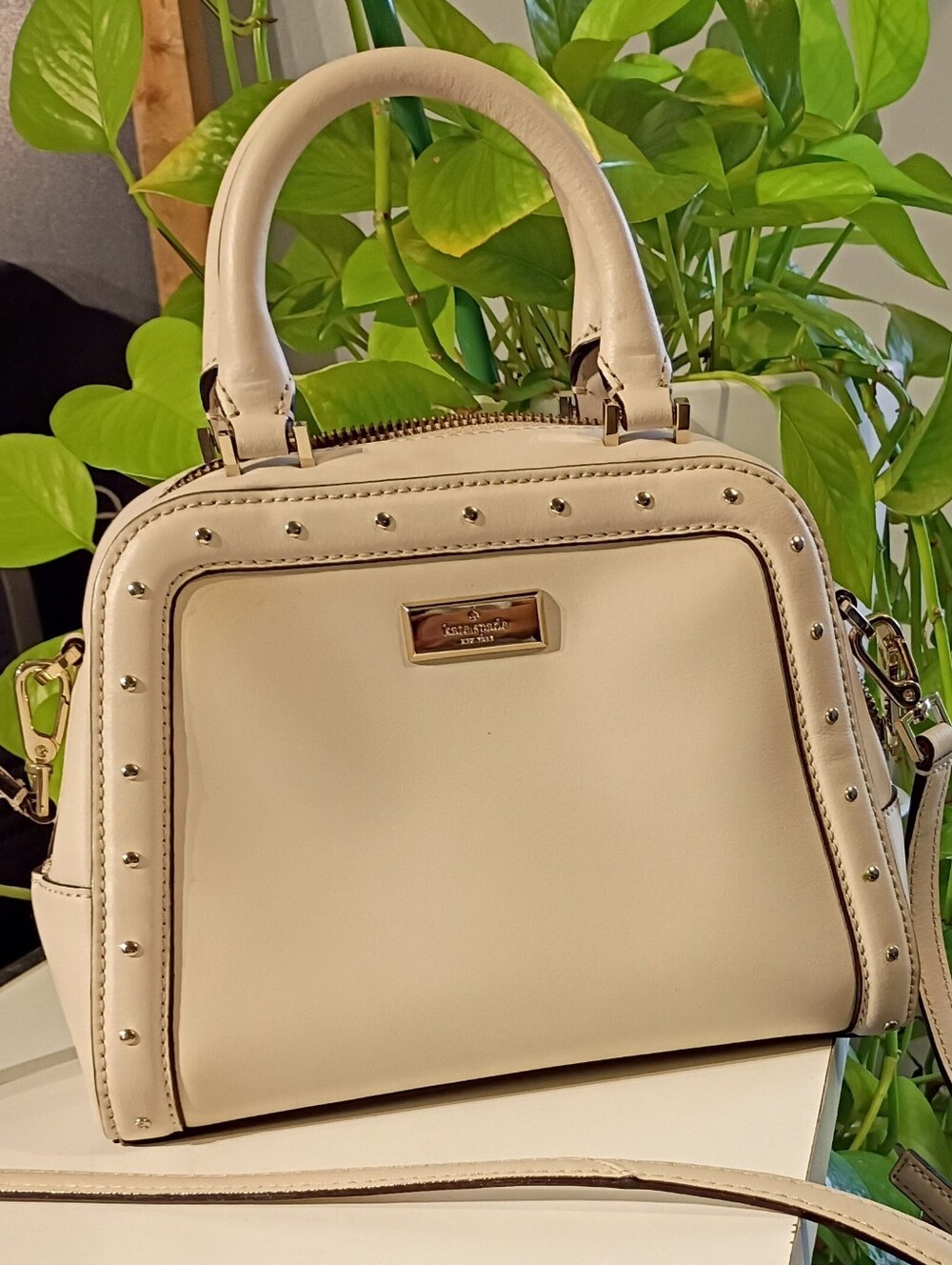 kate spade Cream Studded Satchel with Gold Hardware
